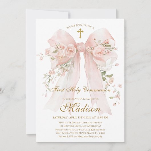 Floral Bow First Holy Communion Invitation Kaart (Voorkant)