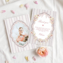 Floral Bow Girl 1st Birthday Photo Thank You Card