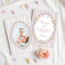 Floral Bow Girl 1st Birthday Photo Thank You Card Bedankkaart