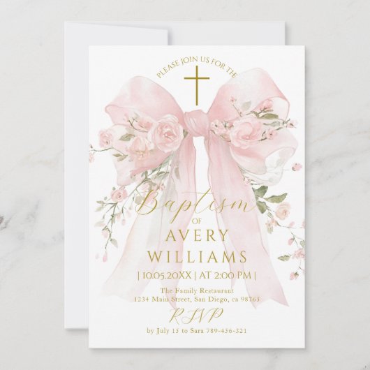 Floral Bow Girls Baptism Elegant Flower Digital Kaart (Voorkant)