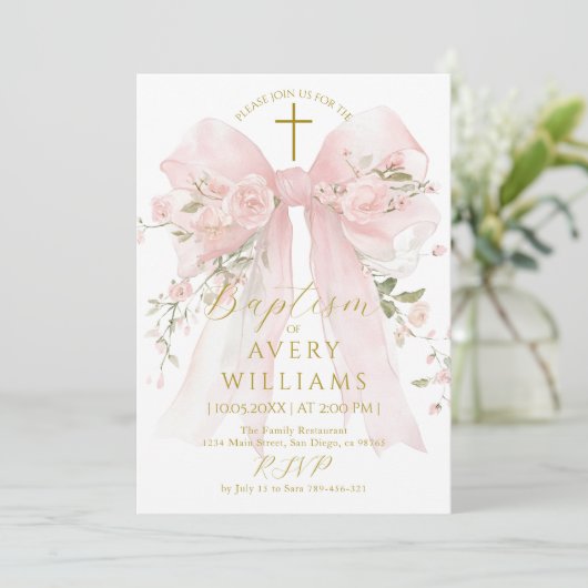 Floral Bow Girls Baptism Elegant Flower Digital Kaart (Staand voorkant)