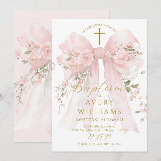 Floral Bow Girls Baptism Elegant Flower Digital Kaart (Voorkant / Achterkant)