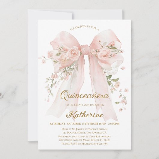 Floral Bow Quinceañera Invitation 15th Birthday Kaart (Voorkant)