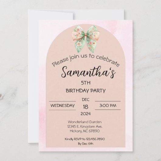 Floral Bow Verjaardag uitnodiging (Voorkant)