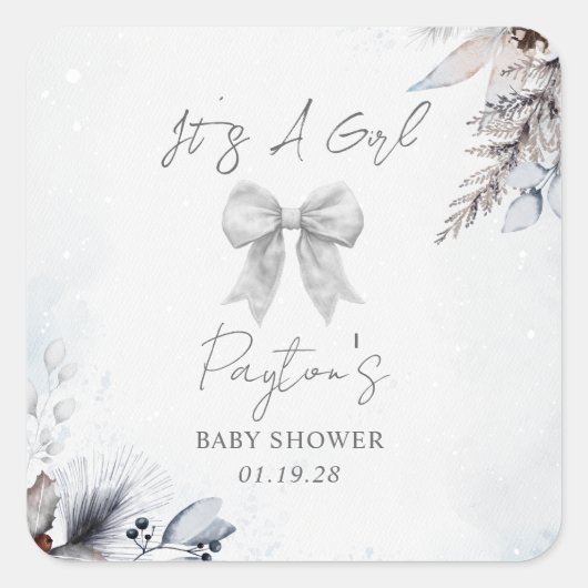 Floral Bow Winter Girl Baby shower Vierkante Sticker (Voorkant)