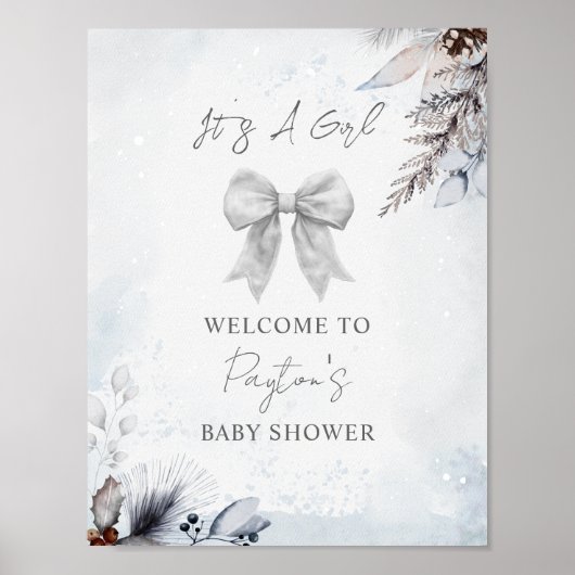 Floral Bow Winter Girl Baby shower Welkom Poster (Voorkant)