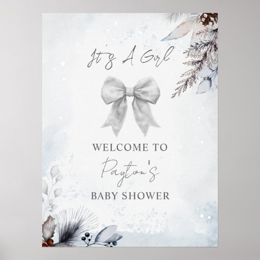 Floral Bow Winter Girl Baby shower Welkom Poster (Voorkant)