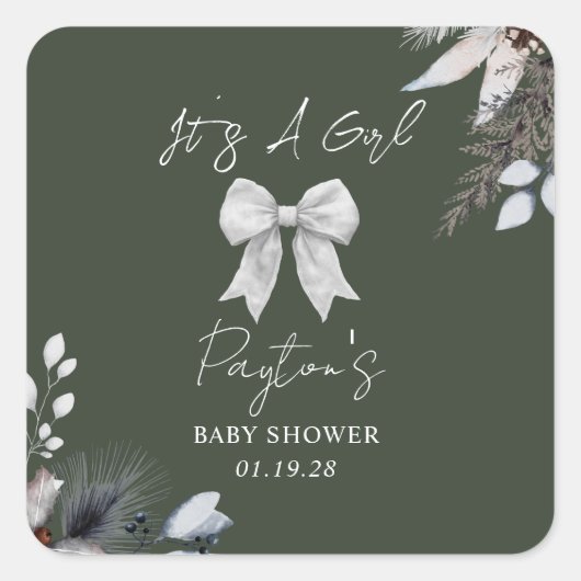 Floral Bow Winter Green Girl Baby shower Vierkante Sticker (Voorkant)