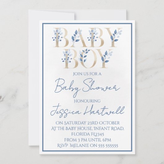 Floral Boy Baby Shower Invitation Kaart (Voorkant)
