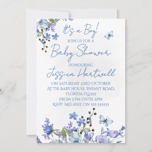 Floral Boy Baby Shower Invitation Kaart (Voorkant)