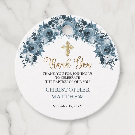 Floral Boy Baptisme Blue Gold Waterverf Bedankjes Labels (Voorkant)