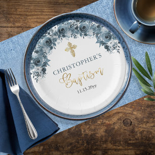 Floral Boy Baptisme Blue Gold Waterverf Papieren Bordje