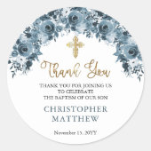 Floral Boy Baptisme Blue Gold Waterverf Ronde Sticker (Voorkant)