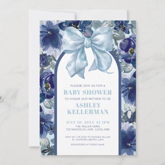 Floral Boy Blue Bow Baby shower Kaart (Voorkant)