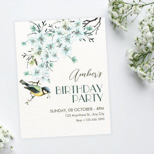 Floral branch bird spring birthday kaart