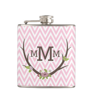 Floral Branch Pink Chevron Pattern Monogram Heupfles