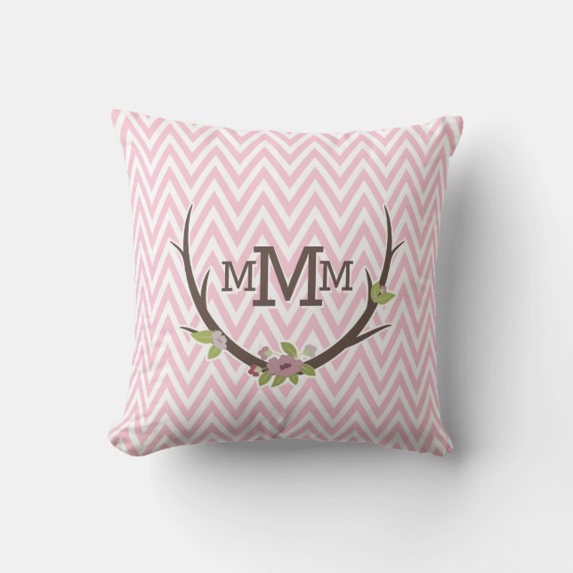Floral Branch Pink Chevron Pattern Monogram Kussen (Voorkant)