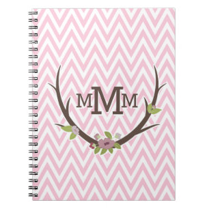 Floral Branch Pink Chevron Pattern Monogram Notitieboek