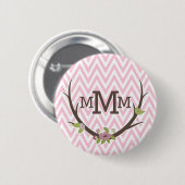 Floral Branch Pink Chevron Pattern Monogram Ronde Button 5,7 Cm (Voorkant /achterkant)