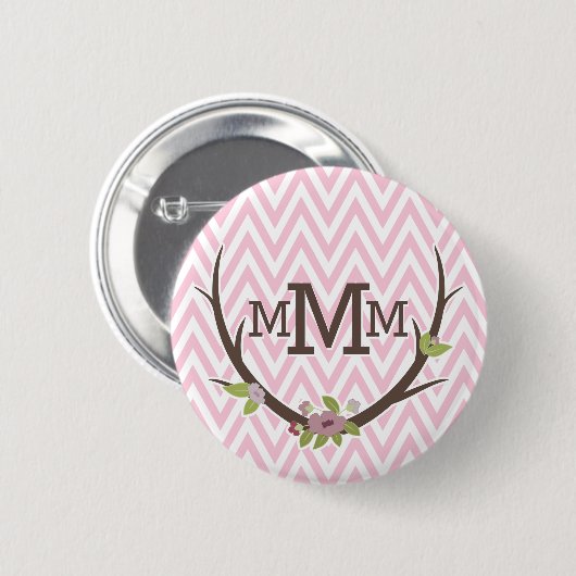 Floral Branch Pink Chevron Pattern Monogram Ronde Button 5,7 Cm (Voorkant /achterkant)