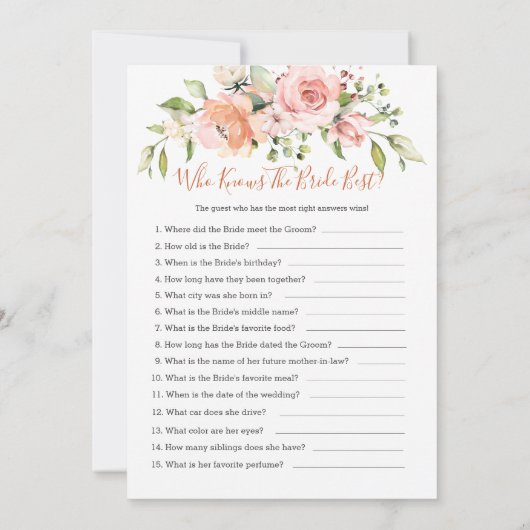 Floral Bridal Bingo/Wie kent de Bruid beste spelle Kaart (Achterkant)