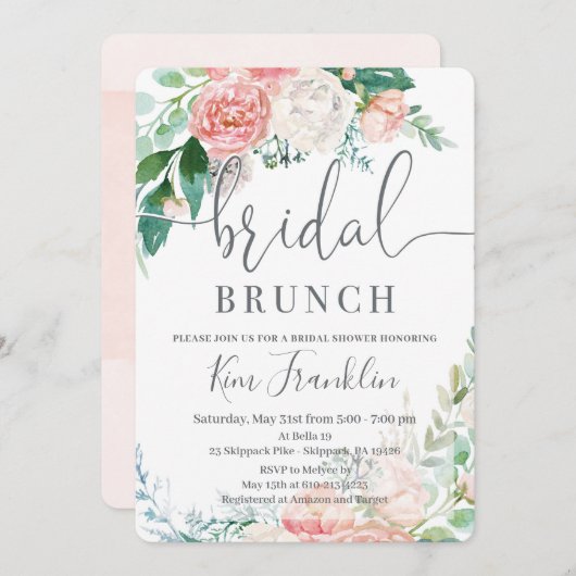 Floral Bridal Brunch Romantic Shower Invitation Aankondiging (Voorkant / Achterkant)