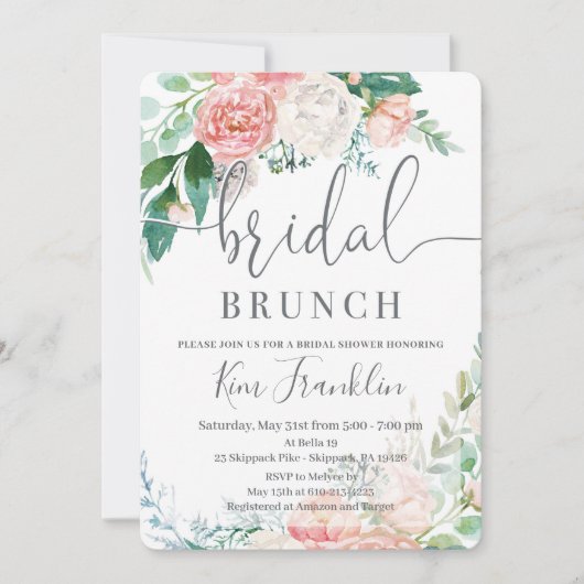 Floral Bridal Brunch Romantic Shower Invitation Aankondiging (Voorkant)