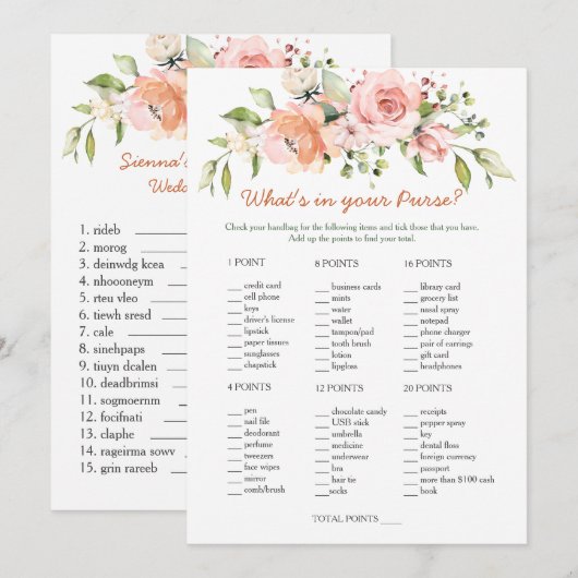 Floral Bridal Purse game/Wedding Scramble Kaart (Voorkant / Achterkant)
