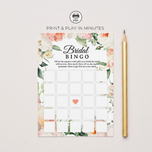 Floral Bridal Shower Bingo Game Printable Kaart