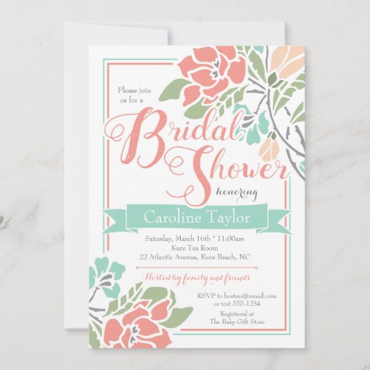 Floral Bridal Shower Invitation in Coral and Blauw Kaart (Voorkant)