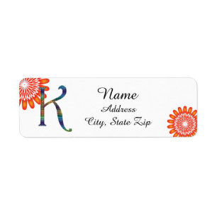 Floral Bright Oranje Letter K Mosaic Monogram Etiket