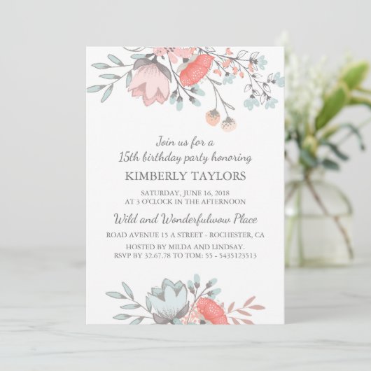 Floral Brithday Party Kaart (Staand voorkant)