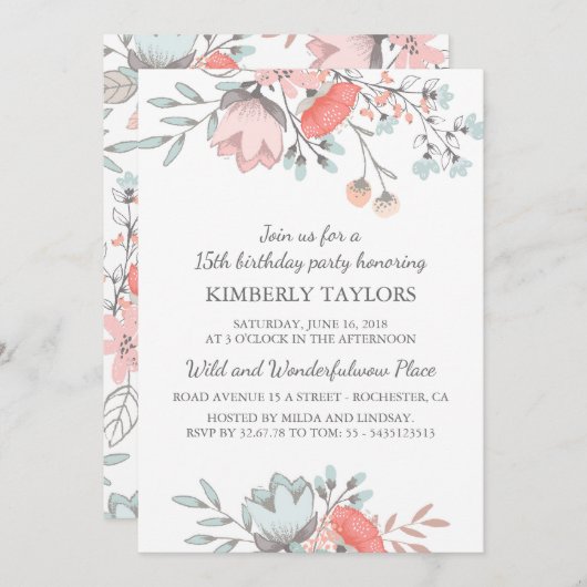 Floral Brithday Party  Kaart (Voorkant / Achterkant)