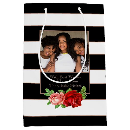 Floral Bronze Black & White Stripe - Aangepaste fo Medium Cadeauzakje (Voorkant)