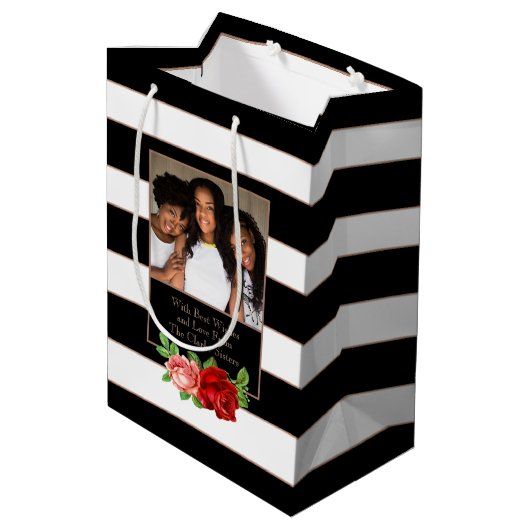 Floral Bronze Black & White Stripe - Aangepaste fo Medium Cadeauzakje (Achterkant Gekanteld)