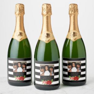 Floral Bronze Black & White Stripe - Aangepaste fo Sparkling Wijnetiket