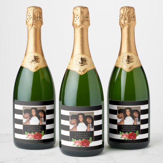 Floral Bronze Black & White Stripe - Aangepaste fo Sparkling Wijnetiket (Flessen)
