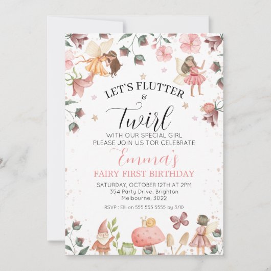 Floral Brown Fairies Flutter Twirl 1e verjaardag Kaart (Voorkant)