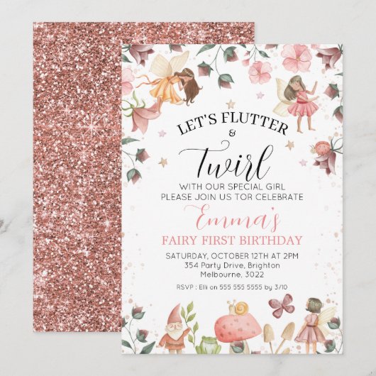 Floral Brown Fairies Flutter Twirl 1e verjaardag Kaart (Voorkant / Achterkant)