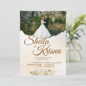 Floral Brown Pastel Elegance Wedding with Photo Kaart (Staand voorkant)