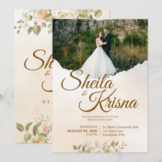 Floral Brown Pastel Elegance Wedding with Photo Kaart (Voorkant / Achterkant)