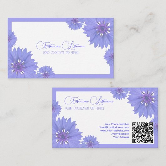 Floral bruiloft blue cornflower kalligrafie QR-cod Visitekaartje (Voorkant / Achterkant)