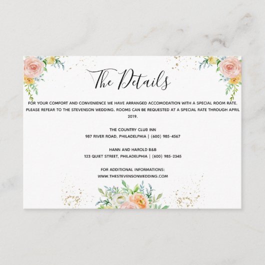 Floral bruiloft details bijvoegen goudschemering r informatiekaartje (Voorkant)