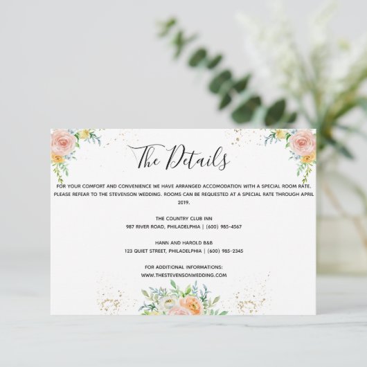 Floral bruiloft details bijvoegen goudschemering r informatiekaartje (Staand voorkant)