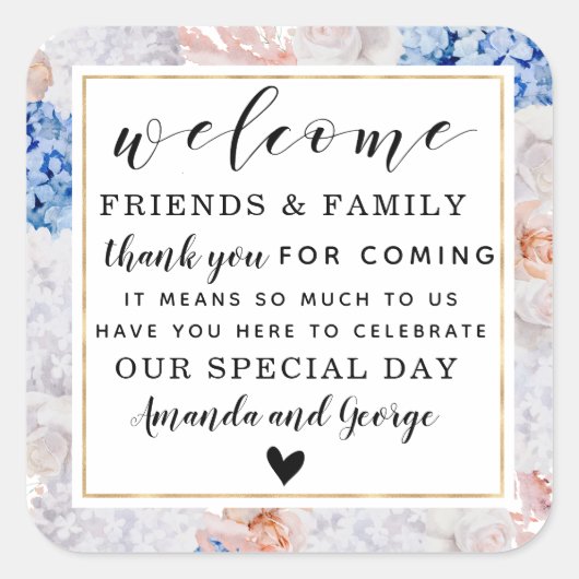 Floral bruiloft gunst gepersonaliseerd dank u vierkante sticker (Voorkant)