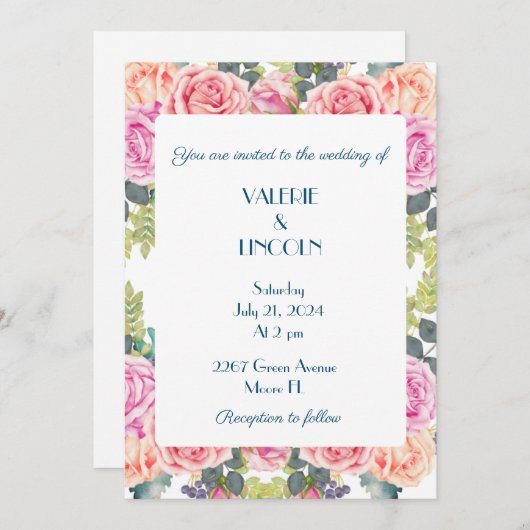 Floral bruiloft kaart (Voorkant / Achterkant)