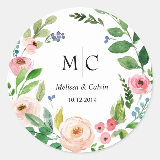 Floral Bruiloft Monogram Sticker / Label (Voorkant)