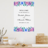 Floral bruiloft welkomstbord. Blauw en paars Poster (Keuken)