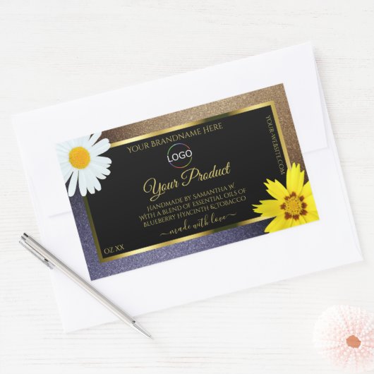 Floral Bruin Blauw Glitter Zwarte Etiket Logo (Envelop)