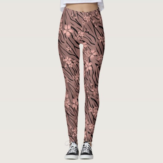 Floral, bruin, tijgerpatroon leggings (Voorkant)